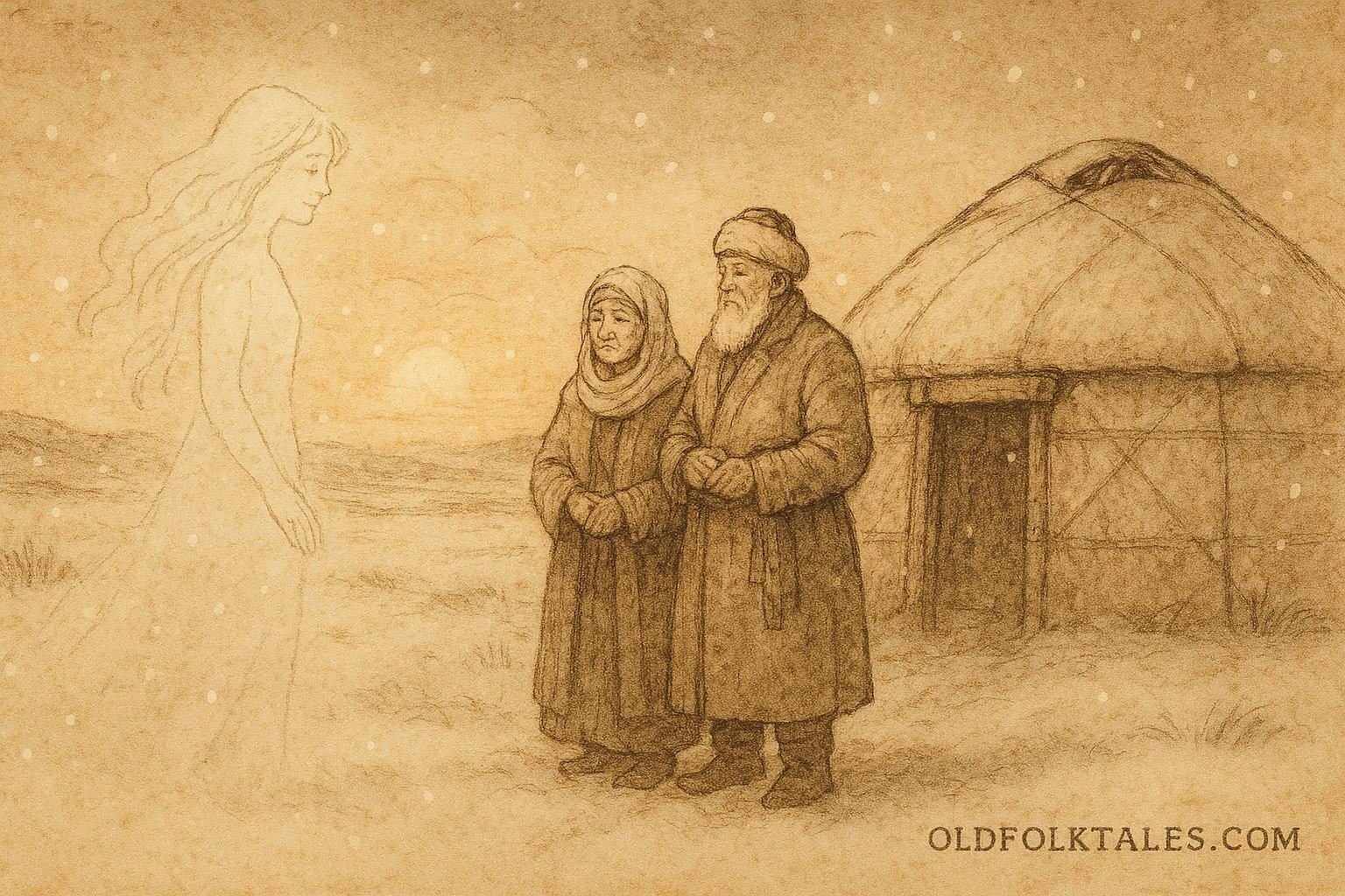 Parchment-style illustration of the Snow Girl on the Kazakh winter steppe.