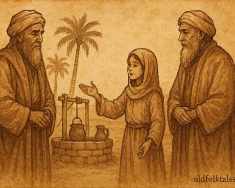 Parchment-style illustration of a wise Bedouin girl mediating tribes near a well in the UAE.