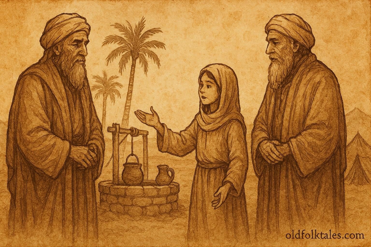 Parchment-style illustration of a wise Bedouin girl mediating tribes near a well in the UAE.