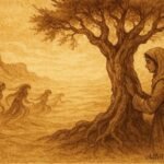 Parchment-style illustration of Laila touching the Tree of Whispers in a Palestinian folktale landscape.