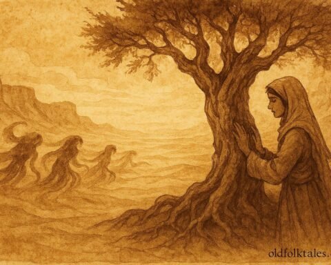 Parchment-style illustration of Laila touching the Tree of Whispers in a Palestinian folktale landscape.