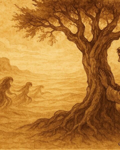 Parchment-style illustration of Laila touching the Tree of Whispers in a Palestinian folktale landscape.