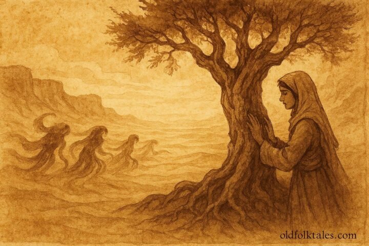 Parchment-style illustration of Laila touching the Tree of Whispers in a Palestinian folktale landscape.