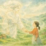 A girl holding hands with a human-shaped cloud spirit above a misty Taiwanese village.