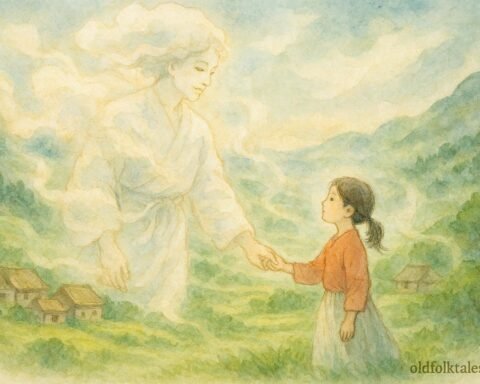 A girl holding hands with a human-shaped cloud spirit above a misty Taiwanese village.