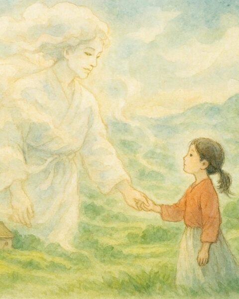 A girl holding hands with a human-shaped cloud spirit above a misty Taiwanese village.