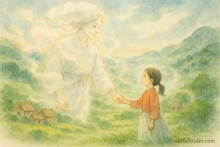 A girl holding hands with a human-shaped cloud spirit above a misty Taiwanese village.