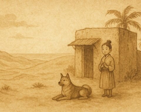 Parchment-style illustration of a loyal dog guarding a girl in a Qatari folktale.