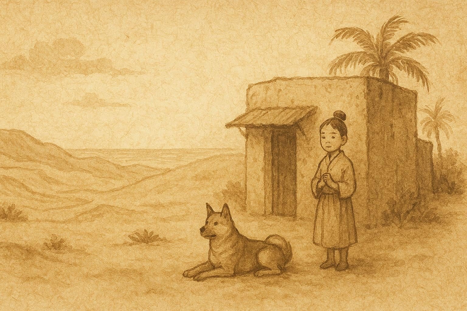 Parchment-style illustration of a loyal dog guarding a girl in a Qatari folktale.