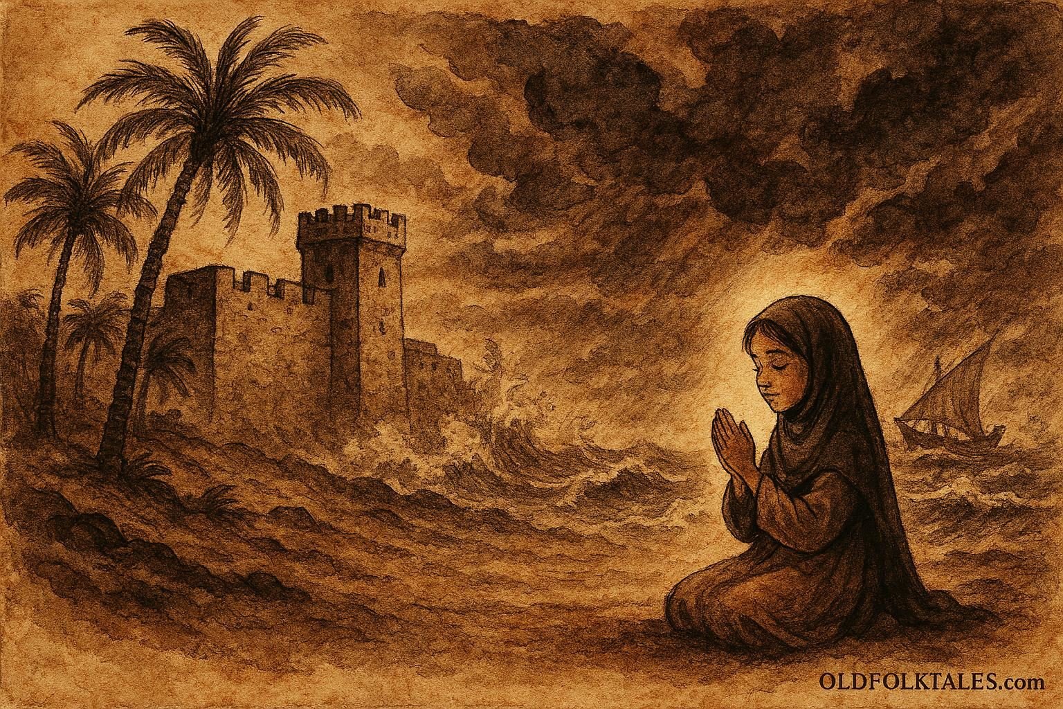 Parchment-style illustration of a Kuwaiti girl praying at Al-Kout fortress during a storm.