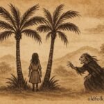 Parchment-style scene of girl protected by two palm trees from a witch in the Jordan Valley.
