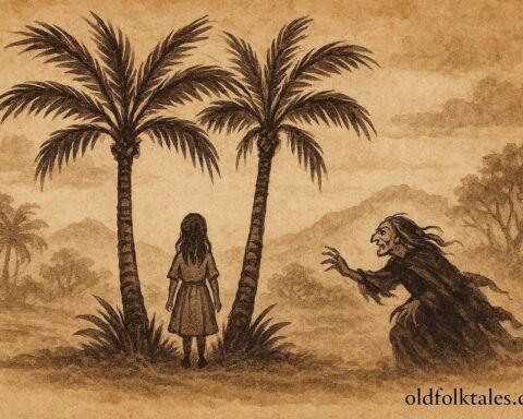 Parchment-style scene of girl protected by two palm trees from a witch in the Jordan Valley.