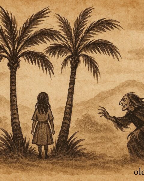 Parchment-style scene of girl protected by two palm trees from a witch in the Jordan Valley.