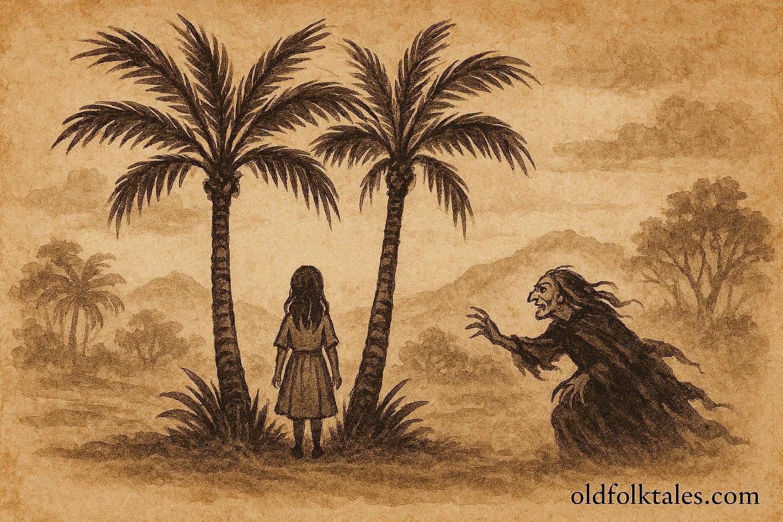 Parchment-style scene of girl protected by two palm trees from a witch in the Jordan Valley.