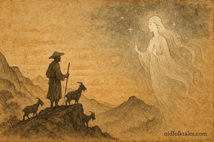 Parchment style artwork of a goatherd meeting a star woman at dawn, Omani folktale.