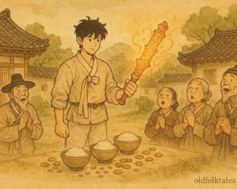 Jinwoo holding a glowing goblin club with food and coins appearing, Korean folktale.