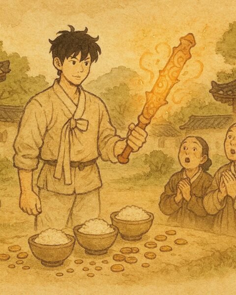 Jinwoo holding a glowing goblin club with food and coins appearing, Korean folktale.