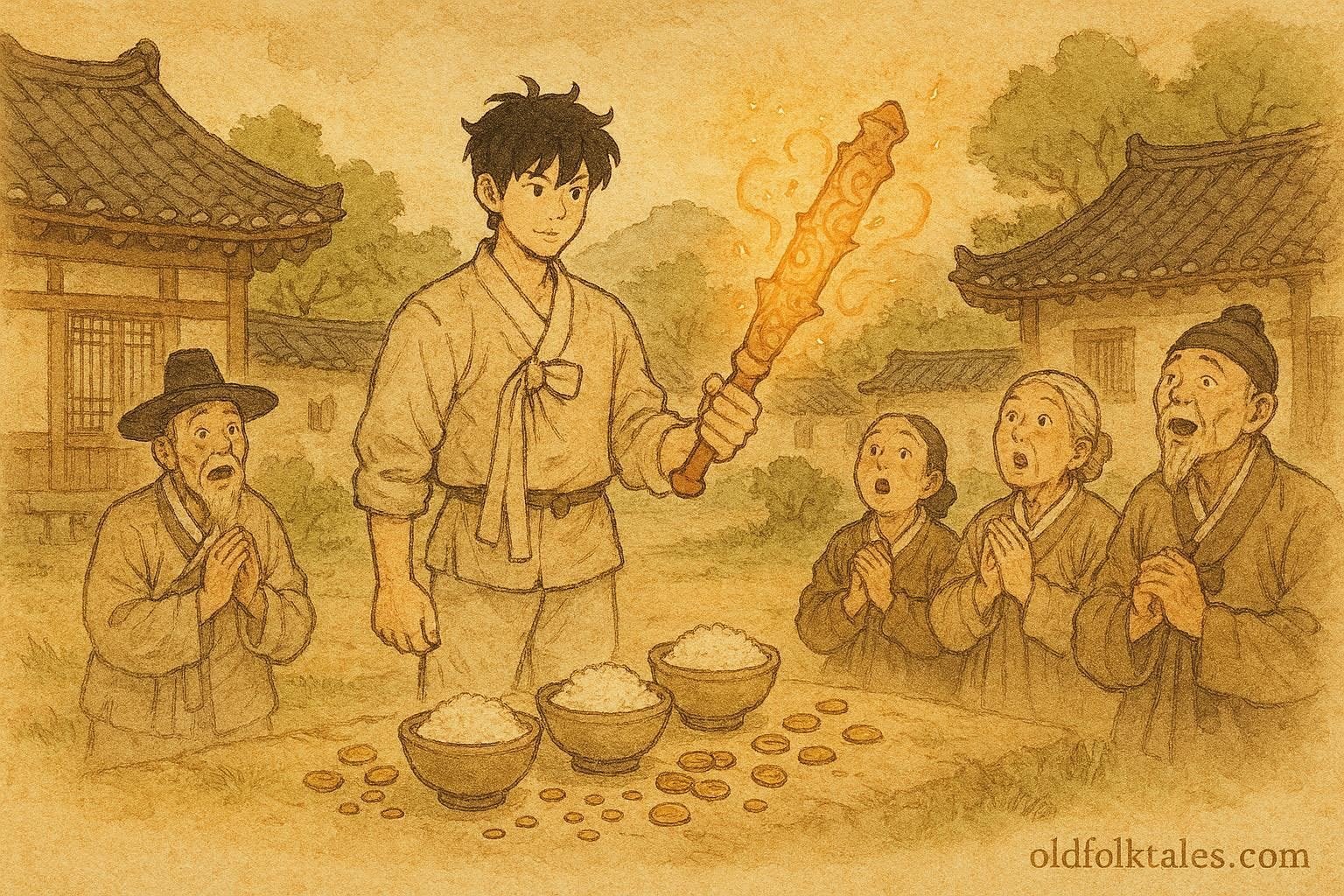 Jinwoo holding a glowing goblin club with food and coins appearing, Korean folktale.