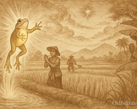 Sepia-toned illustration on aged parchment shows a radiant golden frog leaping skyward from a misty rice paddy in Laos. Its body glows with beams of light as it ascends toward a bright star forming in the sky. Below, stunned hunters in traditional attire clutch empty bamboo traps, while farmers kneel in reverence, palms pressed together. The rice fields shimmer with lotus blossoms and morning mist, framed by palm trees and distant mountains. “OldFolktales.com” is inscribed in the bottom right corner.