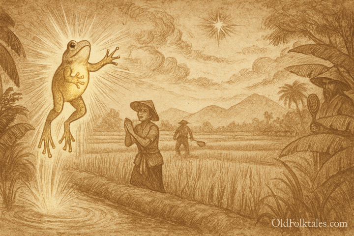 Sepia-toned illustration on aged parchment shows a radiant golden frog leaping skyward from a misty rice paddy in Laos. Its body glows with beams of light as it ascends toward a bright star forming in the sky. Below, stunned hunters in traditional attire clutch empty bamboo traps, while farmers kneel in reverence, palms pressed together. The rice fields shimmer with lotus blossoms and morning mist, framed by palm trees and distant mountains. “OldFolktales.com” is inscribed in the bottom right corner.