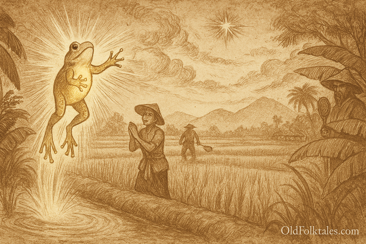 Sepia-toned illustration on aged parchment shows a radiant golden frog leaping skyward from a misty rice paddy in Laos. Its body glows with beams of light as it ascends toward a bright star forming in the sky. Below, stunned hunters in traditional attire clutch empty bamboo traps, while farmers kneel in reverence, palms pressed together. The rice fields shimmer with lotus blossoms and morning mist, framed by palm trees and distant mountains. “OldFolktales.com” is inscribed in the bottom right corner.