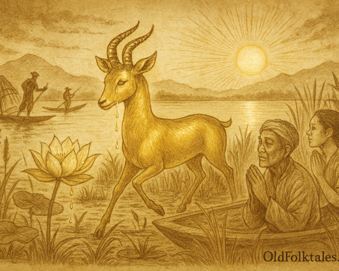 Sepia-toned illustration on aged rice parchment depicting a mystical scene at Inle Lake in Myanmar. A radiant Golden Gazelle with spiral horns and a glowing coat walks gracefully across floating vegetation in the marsh. Two fishermen in the background use traditional Intha leg-rowing techniques on narrow boats. In the foreground, an elderly man and a young woman kneel in a boat among reeds, hands pressed together in reverent prayer as they witness the gazelle. The sun rises over misty hills, casting golden light across the lake. “OldFolktales.com” is inscribed at the bottom right corner.