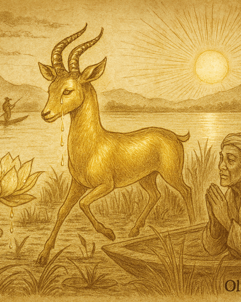 Sepia-toned illustration on aged rice parchment depicting a mystical scene at Inle Lake in Myanmar. A radiant Golden Gazelle with spiral horns and a glowing coat walks gracefully across floating vegetation in the marsh. Two fishermen in the background use traditional Intha leg-rowing techniques on narrow boats. In the foreground, an elderly man and a young woman kneel in a boat among reeds, hands pressed together in reverent prayer as they witness the gazelle. The sun rises over misty hills, casting golden light across the lake. “OldFolktales.com” is inscribed at the bottom right corner.