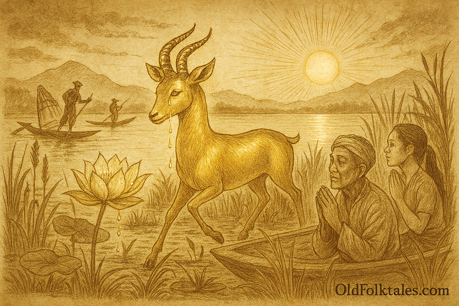 Sepia-toned illustration on aged rice parchment depicting a mystical scene at Inle Lake in Myanmar. A radiant Golden Gazelle with spiral horns and a glowing coat walks gracefully across floating vegetation in the marsh. Two fishermen in the background use traditional Intha leg-rowing techniques on narrow boats. In the foreground, an elderly man and a young woman kneel in a boat among reeds, hands pressed together in reverent prayer as they witness the gazelle. The sun rises over misty hills, casting golden light across the lake. “OldFolktales.com” is inscribed at the bottom right corner.