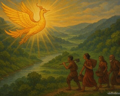 A luminous golden bird leads villagers across fertile plains at sunrise, symbolizing divine guidance, prosperity, and moral virtue.