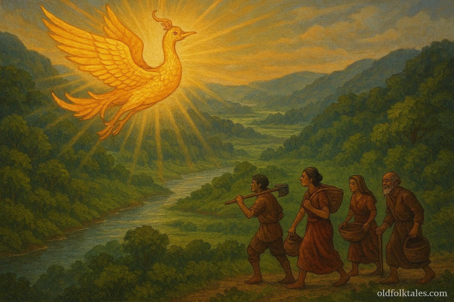 A luminous golden bird leads villagers across fertile plains at sunrise, symbolizing divine guidance, prosperity, and moral virtue.