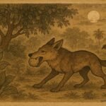 Parchment-style illustration of a Jackal biting the golden Kaekiri fruit turning to stone, Sri Lankan folktale.