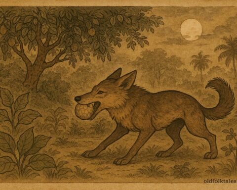 Parchment-style illustration of a Jackal biting the golden Kaekiri fruit turning to stone, Sri Lankan folktale.