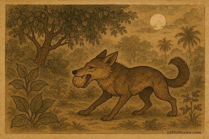Parchment-style illustration of a Jackal biting the golden Kaekiri fruit turning to stone, Sri Lankan folktale.