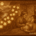 Sepia-toned illustration on aged rice parchment depicting a Vietnamese folktale scene in Hue. A humble bamboo hut glows under a full moon, covered in radiant golden star-shaped flowers blooming out of season. Inside, a pregnant woman lies on a woven mat, assisted by an elderly midwife. A man stands at the doorway in awe, bathed in golden light. Outside, neighbors gather quietly, and the Perfume River winds through misty hills with temple towers silhouetted in the distance. “OldFolktales.com” is inscribed in the bottom right corner.