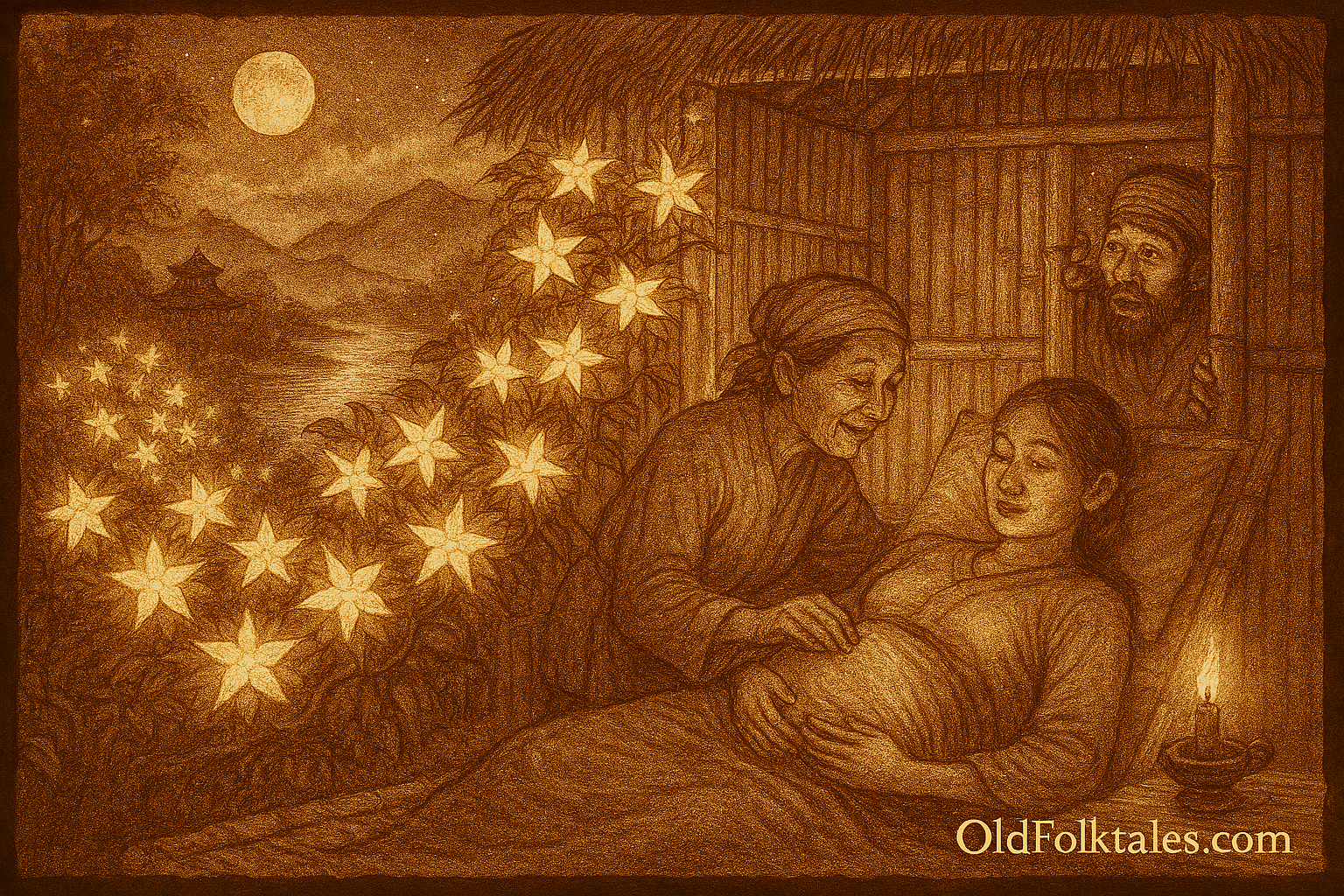 Sepia-toned illustration on aged rice parchment depicting a Vietnamese folktale scene in Hue. A humble bamboo hut glows under a full moon, covered in radiant golden star-shaped flowers blooming out of season. Inside, a pregnant woman lies on a woven mat, assisted by an elderly midwife. A man stands at the doorway in awe, bathed in golden light. Outside, neighbors gather quietly, and the Perfume River winds through misty hills with temple towers silhouetted in the distance. “OldFolktales.com” is inscribed in the bottom right corner.