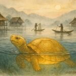 Golden tortoise spirit swimming beneath Inle Lake as fishermen glide across calm waters.