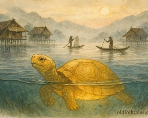 Golden tortoise spirit swimming beneath Inle Lake as fishermen glide across calm waters.