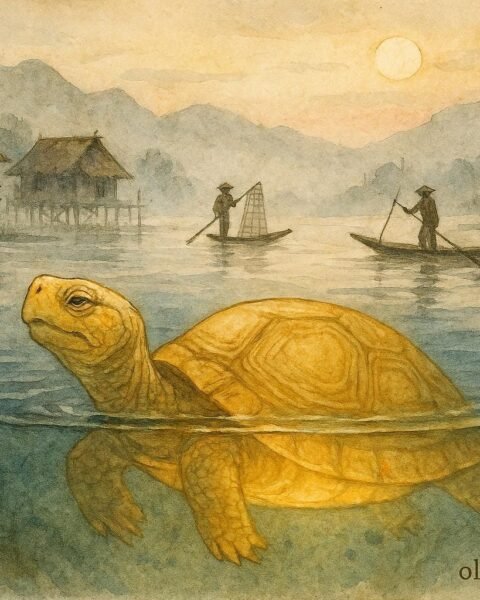 Golden tortoise spirit swimming beneath Inle Lake as fishermen glide across calm waters.