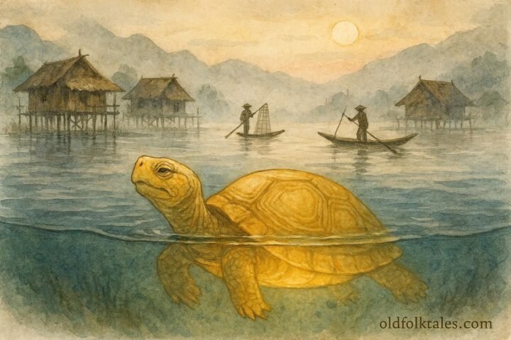 Golden tortoise spirit swimming beneath Inle Lake as fishermen glide across calm waters.