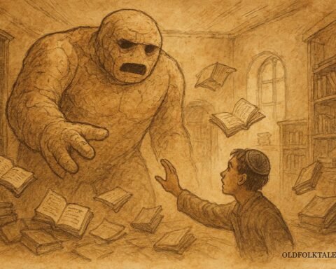Parchment-style illustration of the Golem collapsing in Vilna, Jewish folktale scene.