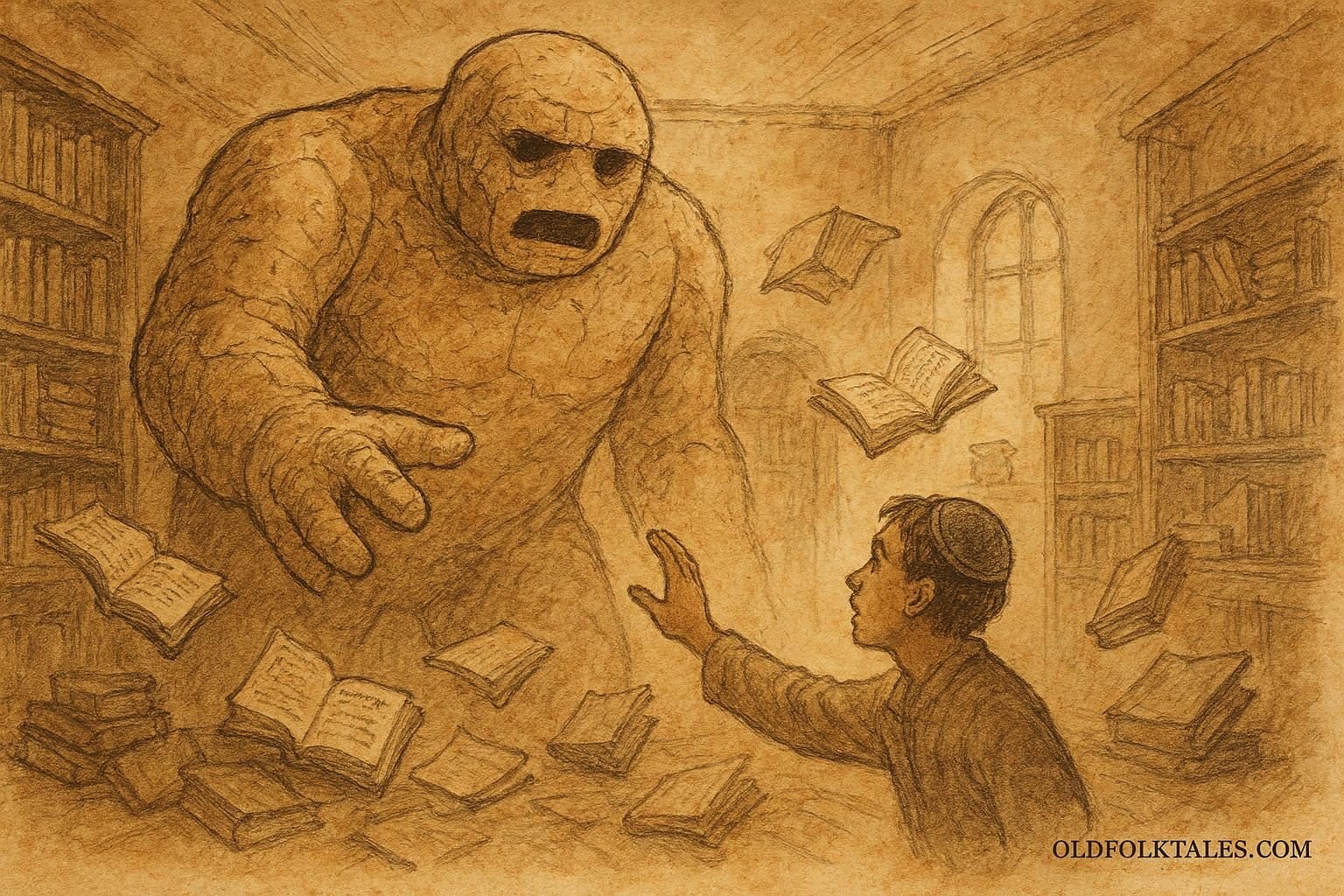 Parchment-style illustration of the Golem collapsing in Vilna, Jewish folktale scene.