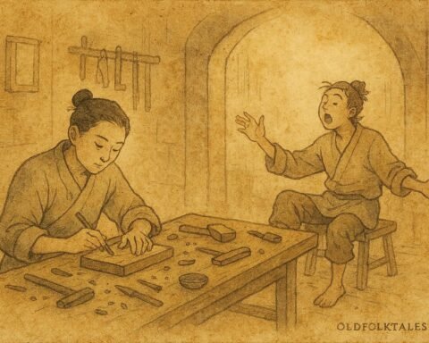 Parchment-style illustration of two apprentices in a Syrian workshop, Arab folktale scene.