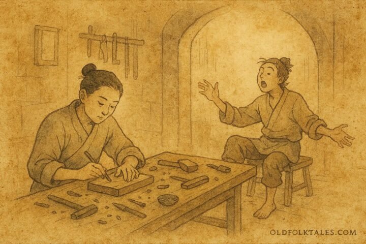 Parchment-style illustration of two apprentices in a Syrian workshop, Arab folktale scene.