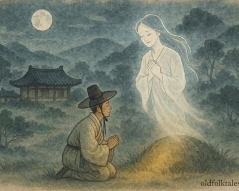 A scholar tending a grave as a grateful ghost appears, Korean folktale scene.