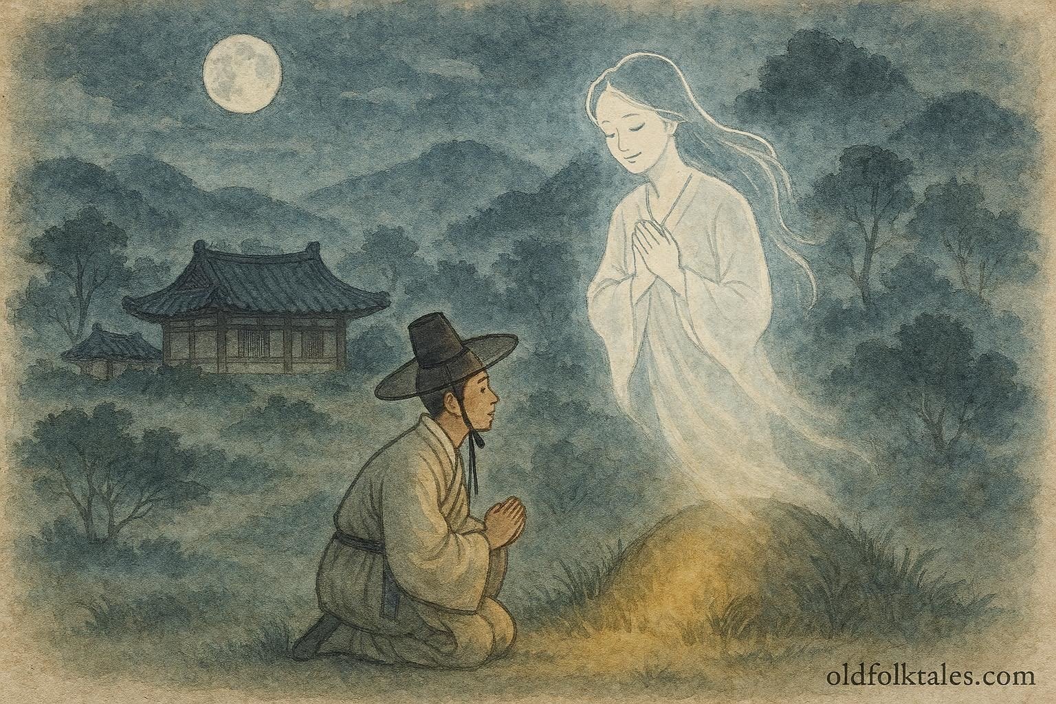 A scholar tending a grave as a grateful ghost appears, Korean folktale scene.