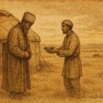 Parchment-style illustration of a Kazakh bai seeking help from a poor man.