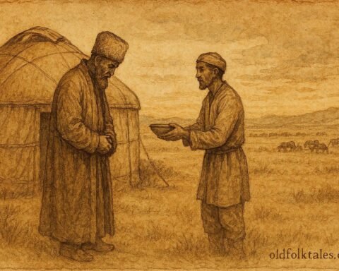 Parchment-style illustration of a Kazakh bai seeking help from a poor man.