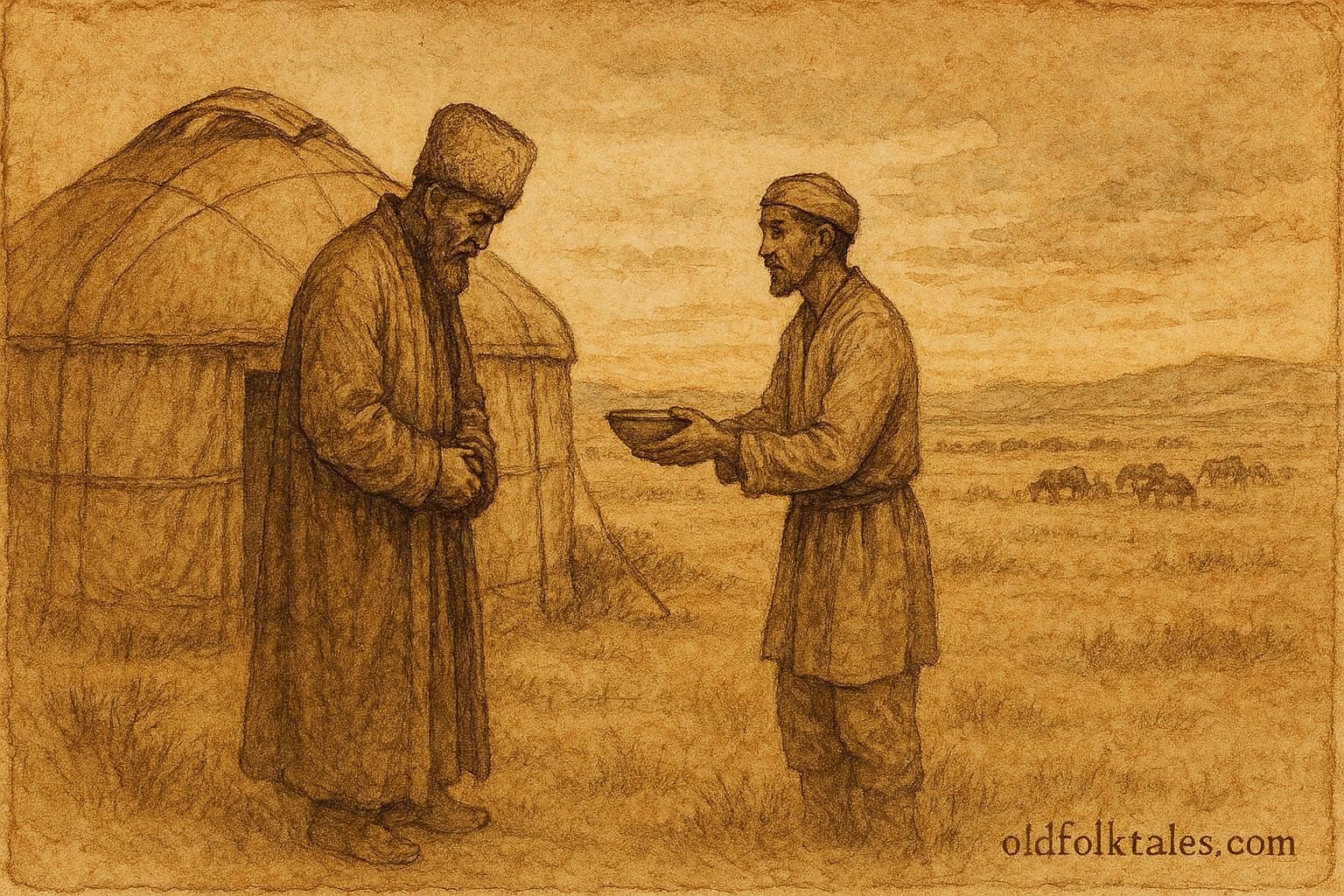 Parchment-style illustration of a Kazakh bai seeking help from a poor man.