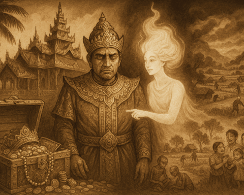 Sepia-toned illustration of an ancient Burmese palace glowing with gold under the tropical sun. In the foreground, a troubled king in ornate royal attire stands before an open treasure vault overflowing with coins and jewels, while a luminous, ethereal spirit hovers beside him, pointing toward visions in the shadows. In the background, contrasting scenes show starving villagers and barren fields fading into images of thriving villages, rice paddies, and joyful families, symbolizing the transformation from greed to generosity and the true power of compassionate leadership.