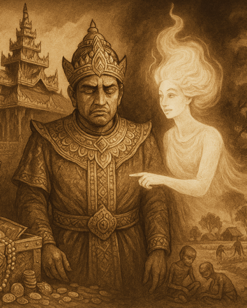 Sepia-toned illustration of an ancient Burmese palace glowing with gold under the tropical sun. In the foreground, a troubled king in ornate royal attire stands before an open treasure vault overflowing with coins and jewels, while a luminous, ethereal spirit hovers beside him, pointing toward visions in the shadows. In the background, contrasting scenes show starving villagers and barren fields fading into images of thriving villages, rice paddies, and joyful families, symbolizing the transformation from greed to generosity and the true power of compassionate leadership.